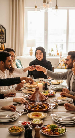 A diverse group of people enjoying a meal together in a bright dining roomの写真素材