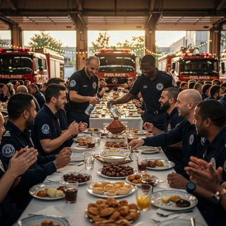 Firefighters gather around a long table filled with food in a fire station garageの写真素材