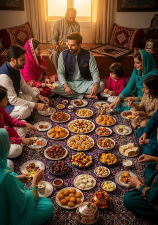 A diverse family gathers together to share a traditional meal on a colorful rug