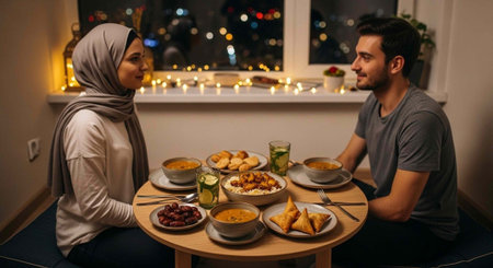 A romantic couple enjoying a meal together in a cozy home setting at nightの写真素材