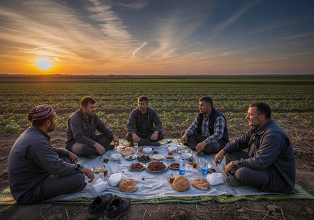 A group of men enjoying a meal together outdoors during a beautiful sunsetの写真素材