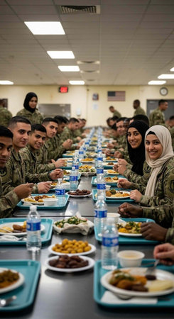 Military personnel and civilians share a meal together in a large cafeteria settingの写真素材