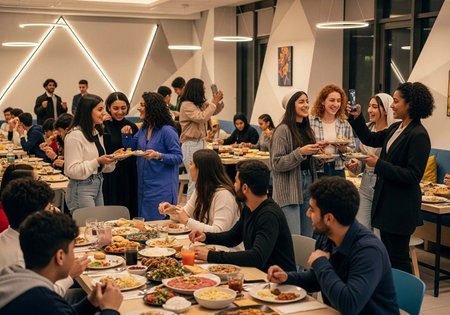 A diverse group of people enjoying a meal together in a modern dining roomの写真素材