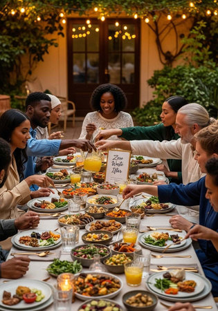 A diverse group of people enjoying a meal together outdoors in a warm settingの写真素材