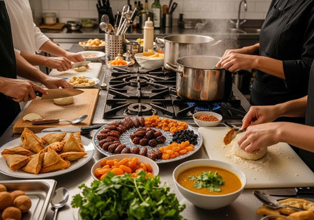 A group of people preparing a variety of international dishes in a modern kitchenの写真素材