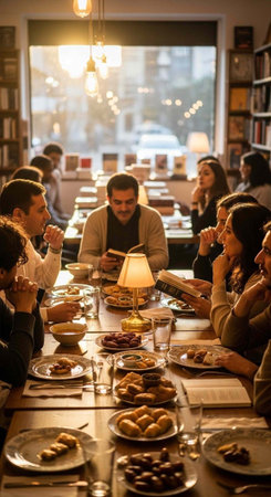 A group of friends enjoying a meal together in a cozy restaurant settingの写真素材