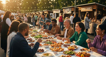 A diverse group of people enjoying a meal together at an outdoor food festivalの写真素材