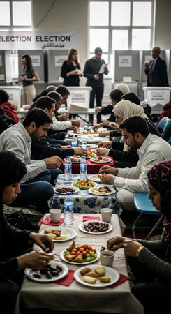 People eating at tables in a room with election booths in the backgroundの写真素材