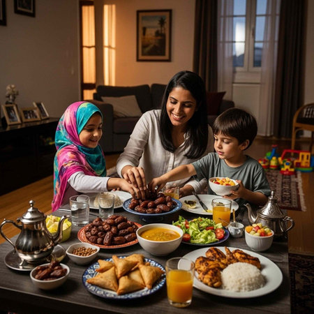 A woman and two children enjoying a meal together at a dinner tableの写真素材