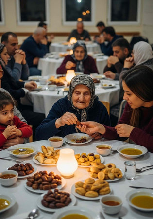 A group of people sitting around a table with food and a candle in a warm and cozy atmosphereの写真素材