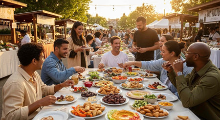 A group of diverse people enjoying a meal together at an outdoor food festivalの写真素材