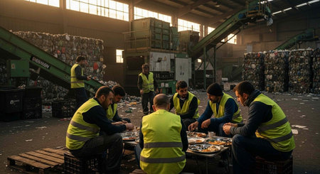 Workers in yellow vests taking a break in a recycling facility warehouseの写真素材
