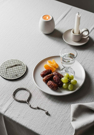 A serene table setting with a plate of dates, grapes, and water for a peaceful mealの写真素材
