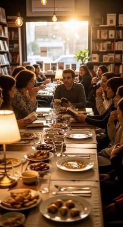 A group of people enjoying a meal together in a cozy restaurant settingの写真素材