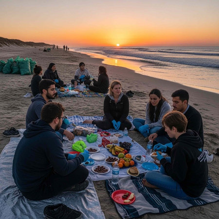 A group of friends enjoy a picnic on the beach at sunset together outdoorsの写真素材
