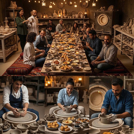 A group of people enjoying a meal together in a pottery studio with artisans at workの写真素材