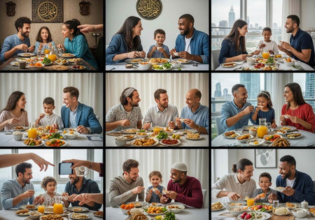 A diverse group of people enjoying a meal together at a table with foodの写真素材