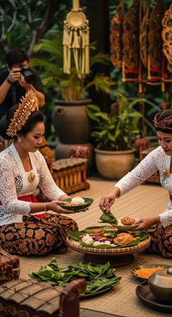 Two women in traditional Balinese attire preparing food in a serene outdoor settingの写真素材