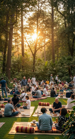 A group of people sitting on mats in a forest clearing during sunsetの写真素材