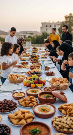 A large group of people gathered around a table filled with various foods outdoorsの写真素材