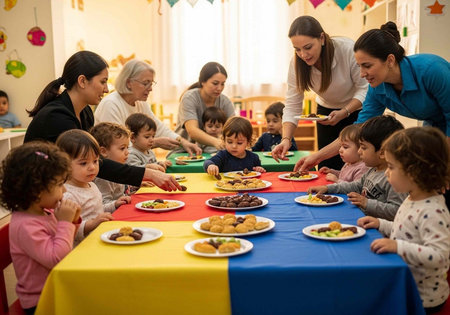 A group of children and adults gathered around a colorful table with foodの写真素材