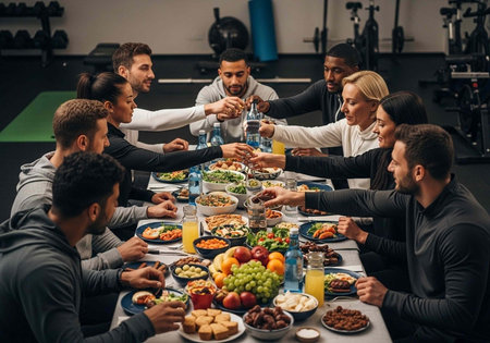 A group of friends enjoying a meal together in a modern gym settingの写真素材