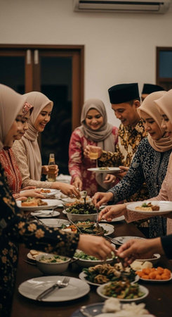 A group of people wearing traditional clothing and headscarves eating together at a tableの写真素材