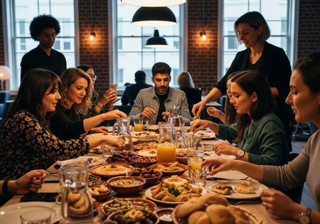 A group of diverse people enjoying a meal together in a modern restaurant settingの写真素材