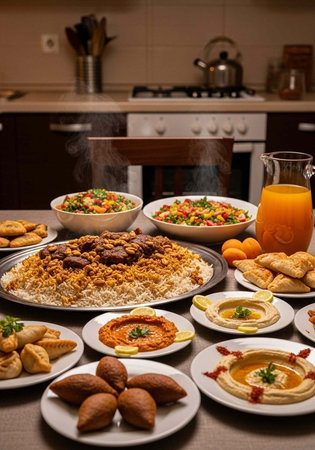 A delicious spread of Middle Eastern food on a kitchen table with various dishesの写真素材