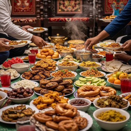 A diverse group of people sharing a large table filled with various foods and drinksの写真素材