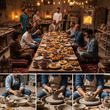 A group of people enjoying a meal together in a pottery workshop with artisans at workの写真素材