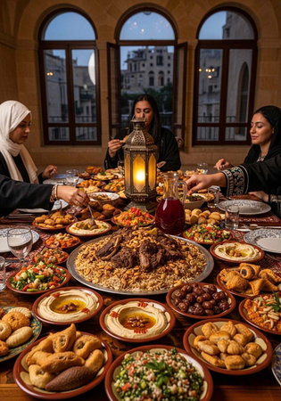 A group of women enjoying a traditional Middle Eastern meal together in a cozy settingの写真素材