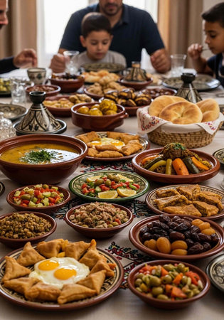 A family gathers around a table filled with a variety of traditional dishes and foodの写真素材