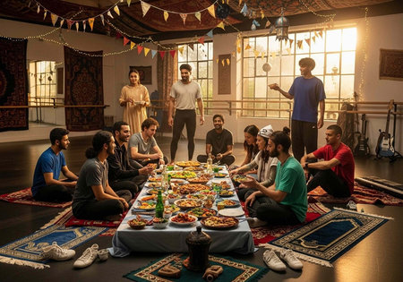 A group of friends gather around a table for a meal in a decorated roomの写真素材