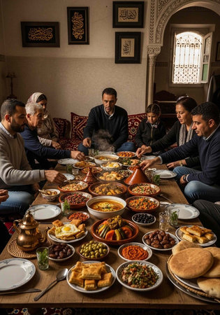 A group of people sitting around a table filled with various dishes of foodの写真素材