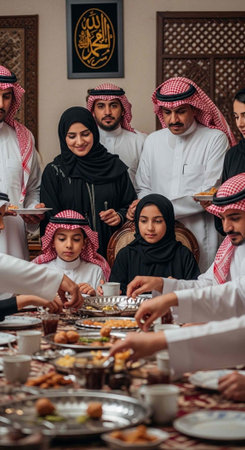 A Middle Eastern family gathers together for a meal in a traditional setting