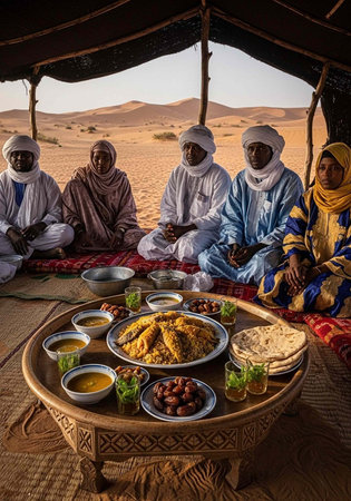 A group of people sitting in a desert tent with a large platter of foodの写真素材
