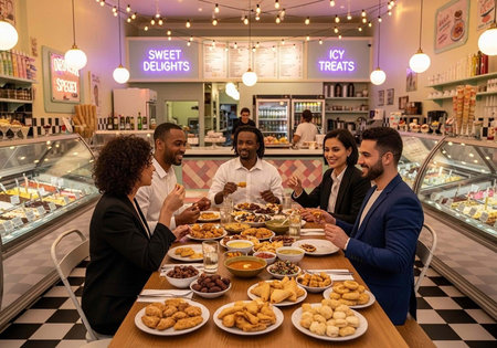 A group of friends enjoying a variety of sweet treats at a dessert cafe