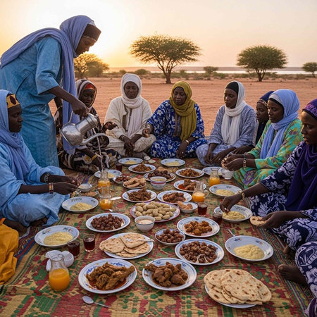 A group of women in traditional clothing sitting around a table with food in the desertの写真素材