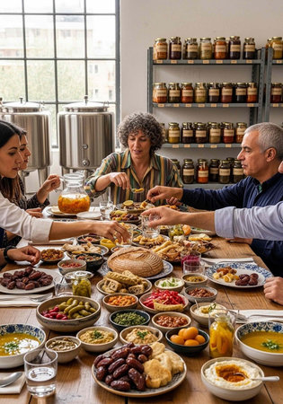 A group of people enjoying a meal together at a long table with various dishesの写真素材