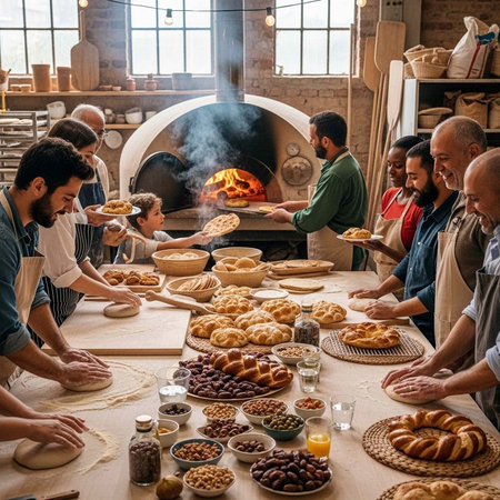 A group of people gathered around a table making bread in a bakeryの写真素材