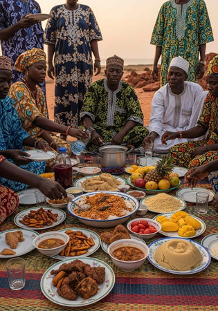 A group of people in traditional African clothing sitting around a table with foodの写真素材