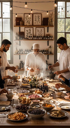 Three men preparing a large spread of food in a brightly lit kitchenの写真素材