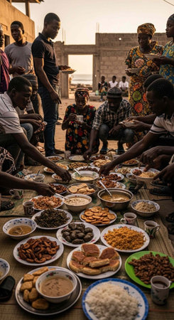 A group of people gathered around a table filled with various traditional foodsの写真素材