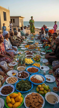 A group of people gathered on the beach for a traditional meal togetherの写真素材
