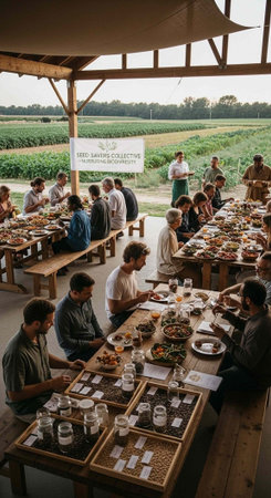 A group of people sitting at long tables eating food under a large outdoor pavilion