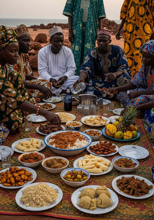 A group of people gathered around a table with various traditional African dishesの写真素材