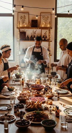 A group of people gathered around a table laden with various dishes and foodの写真素材