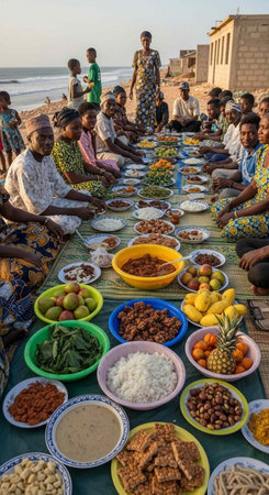 A large group of people sitting on a beach with a variety of food dishesの写真素材