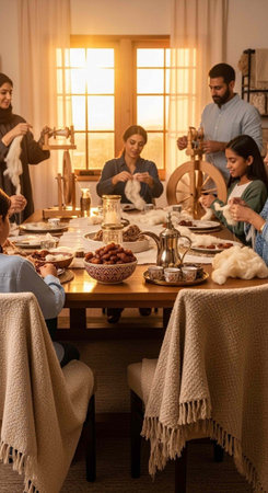A family gathers around a table for a meal while engaging in traditional craftsの写真素材
